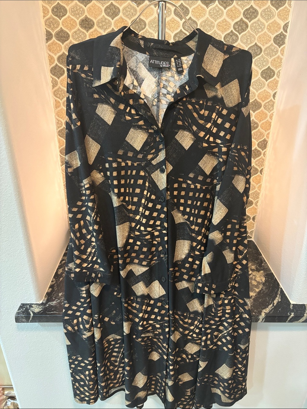 Attitudes by Renee Black and Gold Geometric Button-Down Dress